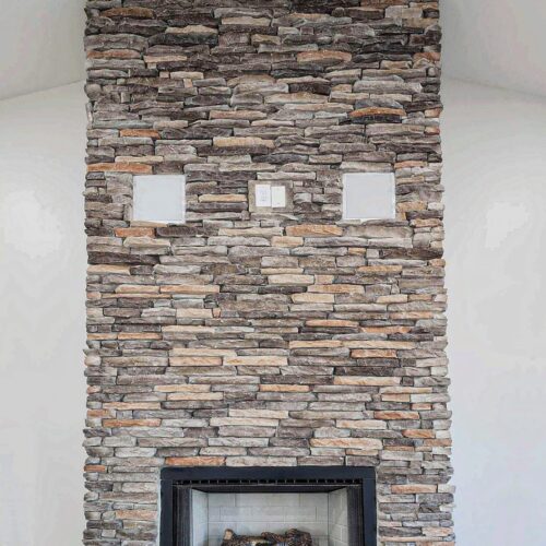 Chapel Hill New Construction Barndominium Stacked Stone Fireplace