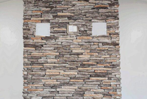 Chapel Hill New Construction Barndominium Stacked Stone Fireplace